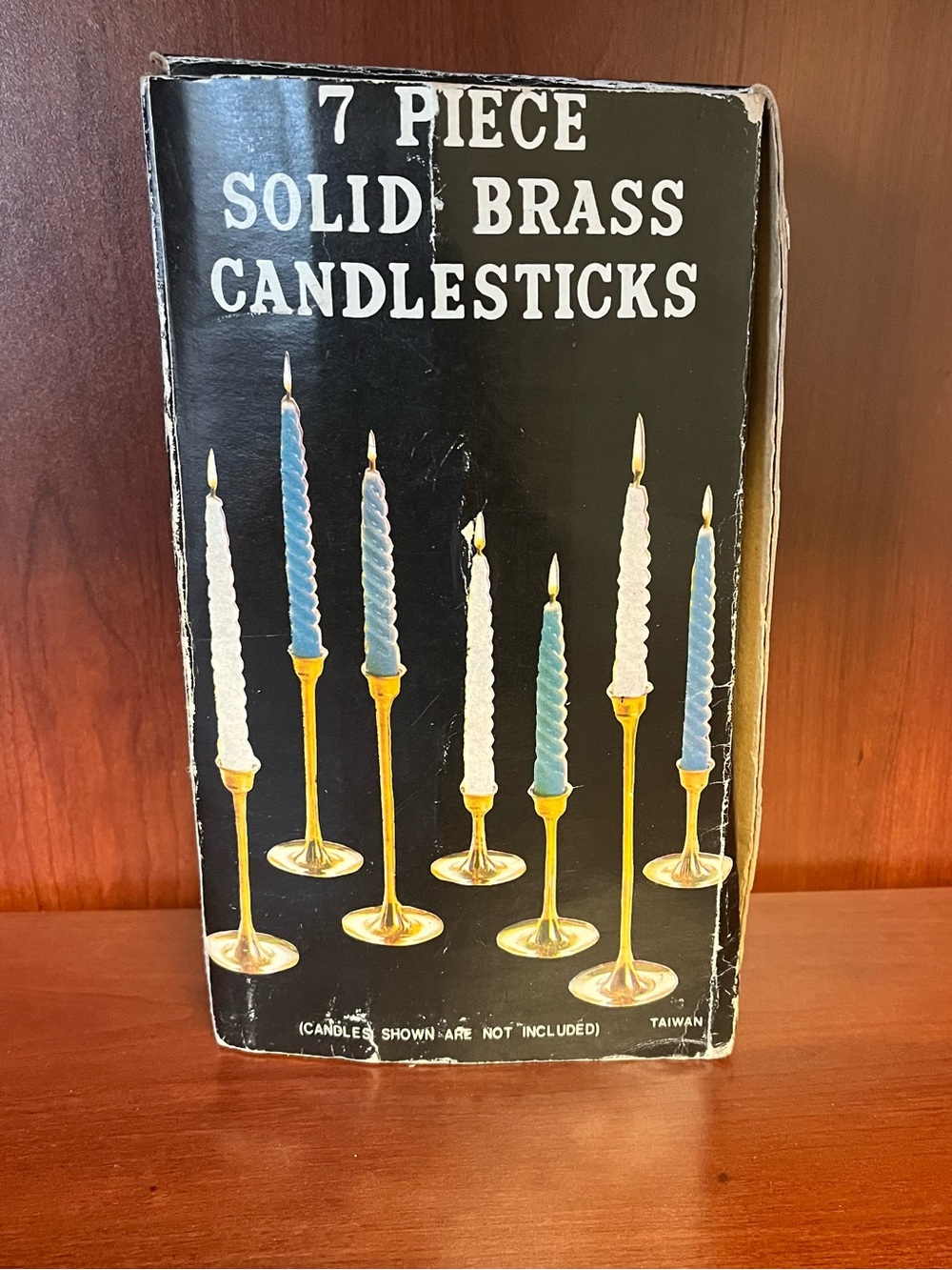 Vintage 7-Piece Solid Brass Taper Candlesticks Set, 3in to 9in tall in Box